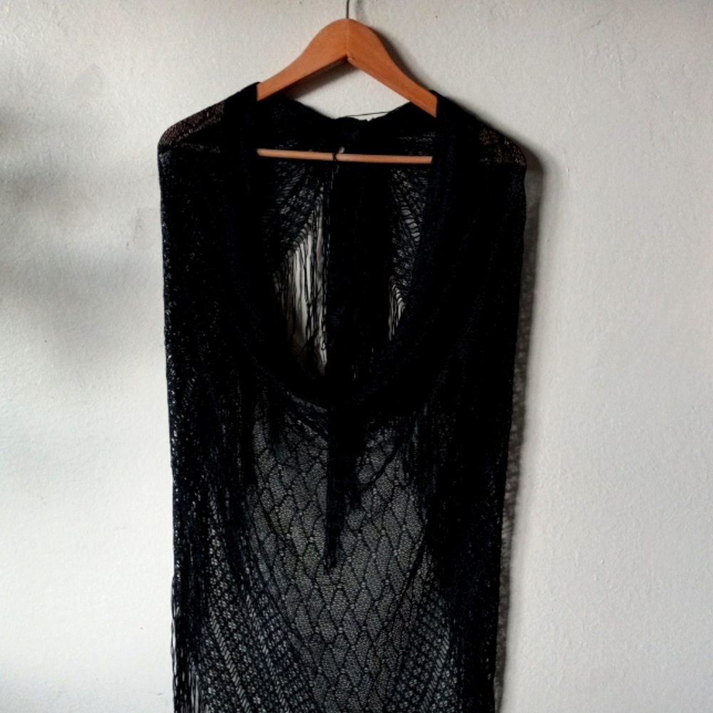 Black Macrame Knit Fringe Wrap Beach Coverup Sarong Festival